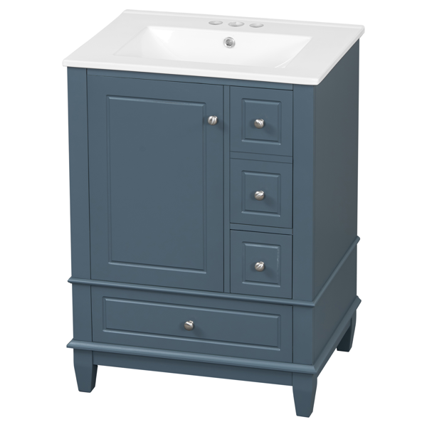 24" Bathroom Vanity with Sink and Drawers, Gray Blue Freestanding Vanity Cabinet with Ceramic Top and Storage Shelves, MDF and Solid Wood Base, Modern Sink Cabinet for Small Bathrooms-23