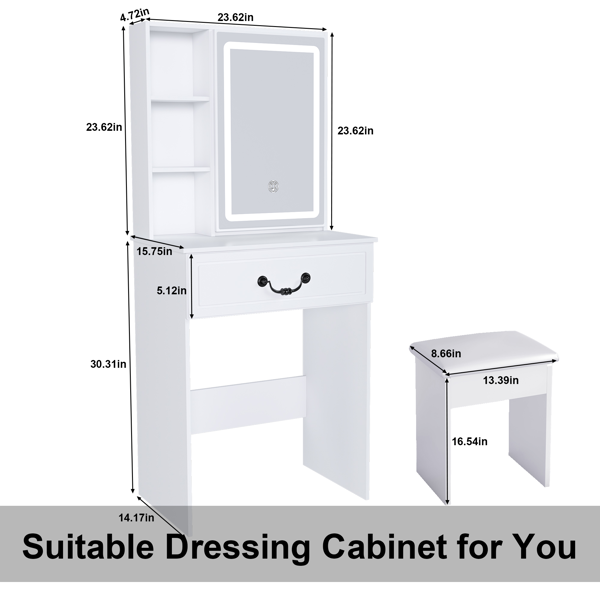 Modern Mini Dressing Table with LED-lit Mirror & Hidden Storage,Includes Padded Stool,Adjustable Brightness Vanity Desk,Multi-tier Dust-proof Shelves,White-4