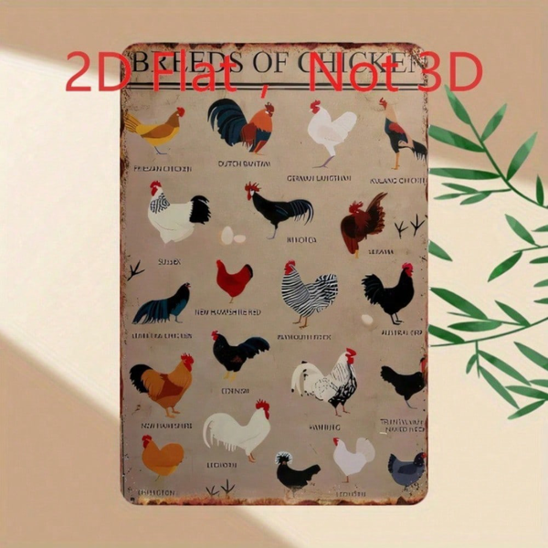 CIFbuy 复古鸡品种图示铁皮装饰牌，农舍风格墙面艺术 20x30厘米（TikTok, temu 自提物流）-1
