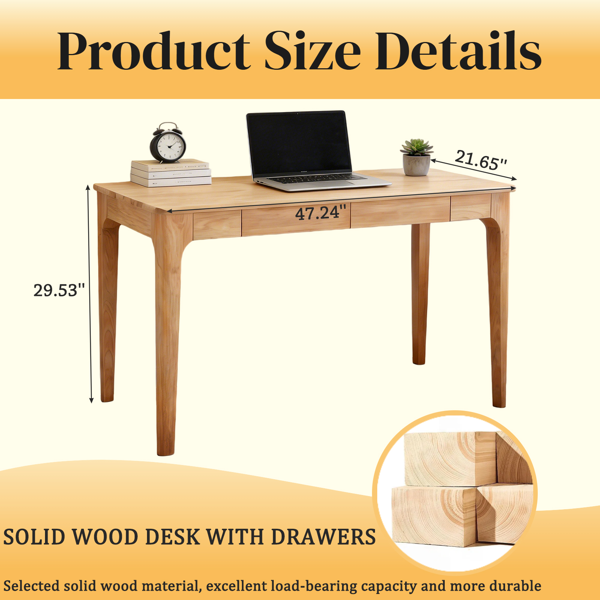 Solid Wood Desk with Drawers, Standing Desk with Smooth Edges, Home Office Desk for Small Spaces, Mid Century Modern Desk for Study, Bedroom, Living Room, Office, (Natural Wood Color)-24