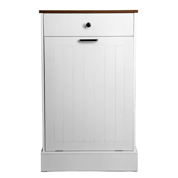 Tilt Out Trash Can Cabinet, Hidden Wooden Trash Can Cabinet with Drawer, Free Standing Garbage Cabinet for Kitchen, 10 Gallon Farmhouse Laundry Hamper Cabinet for Kitchen, Living Room (White)-4