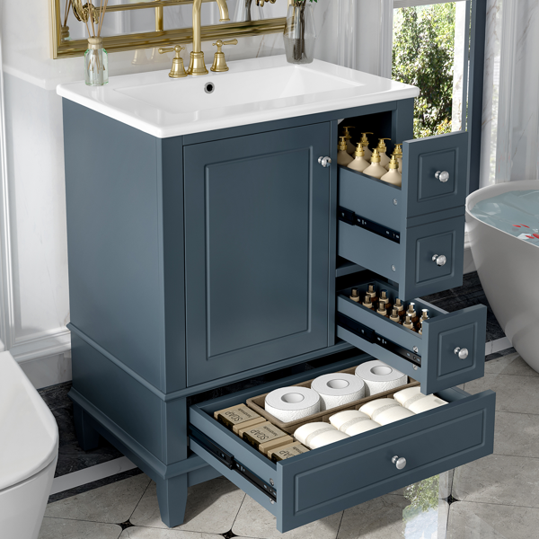 24" Bathroom Vanity with Sink and Drawers, Gray Blue Freestanding Vanity Cabinet with Ceramic Top and Storage Shelves, MDF and Solid Wood Base, Modern Sink Cabinet for Small Bathrooms-11