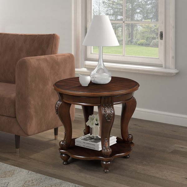 22'' Retro Round End Table,Solid Wood Sofa Side Table with Shelf,Living Room Corner Table Easy Assemble,Cherry-3