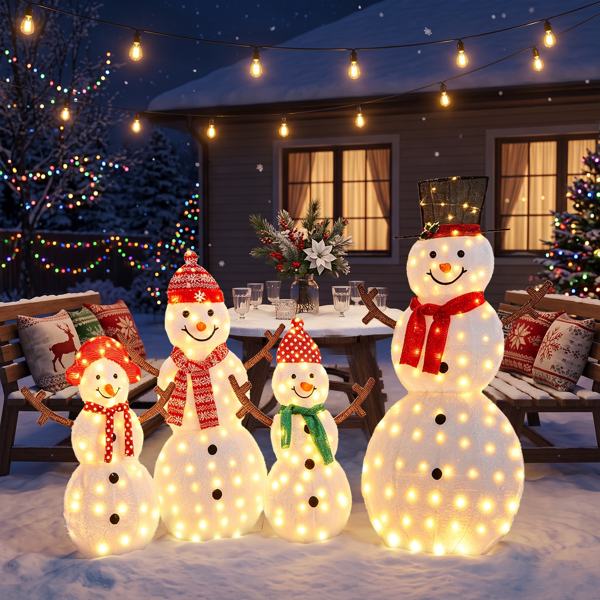 4pcs 5ft 白色 2D雪人一家四口树枝手 蒙布绒布 250灯暖白灯 圣诞灯饰雪人 4.5V 3.6W-10