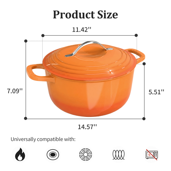 不锈钢手柄 7.5QT 7.1L 圆形 珐琅锅 橙色渐变 含手套 隔热垫-2