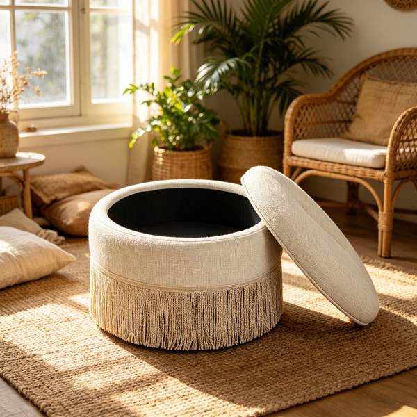 Round Storage Ottoman Bench(Beige), 23.23 Inch Upholstered Footstool with Tassel Fringe, 250 lbs Capacity Circular Storage Foot Rest Stool, Fabric Ottoman for Living Room Bedroom Entryway-6
