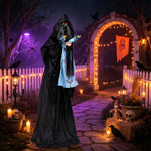 7.2英尺长的夺魂恶魔万圣节电子动画，动画低头动作，带有发光红眼睛和呻吟声的声控道具，用于庭院闹鬼的房子装饰-5