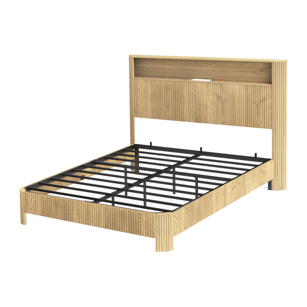 Queen Size bed frame with storage headboard, built-in charging station, wavy curved lines design, silent operation, metal support, Natural-7