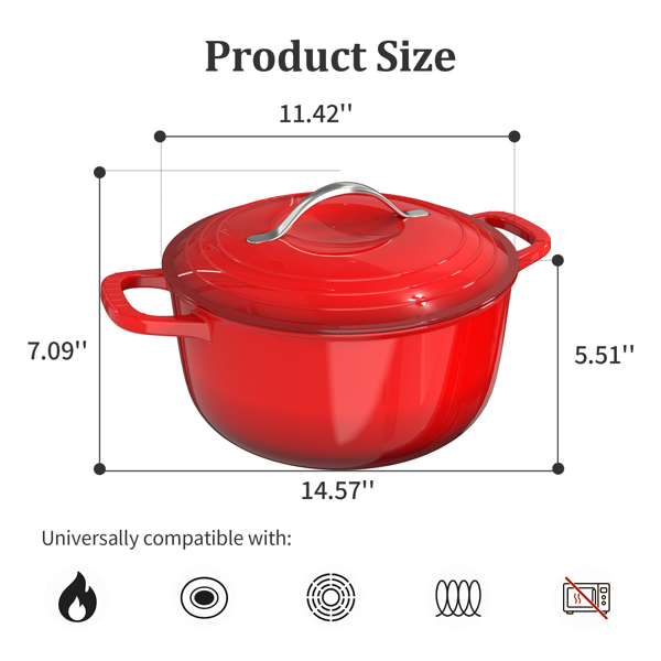 不锈钢手柄 7.5QT 7.1L 圆形 珐琅锅 红色渐变 含手套 隔热垫-2