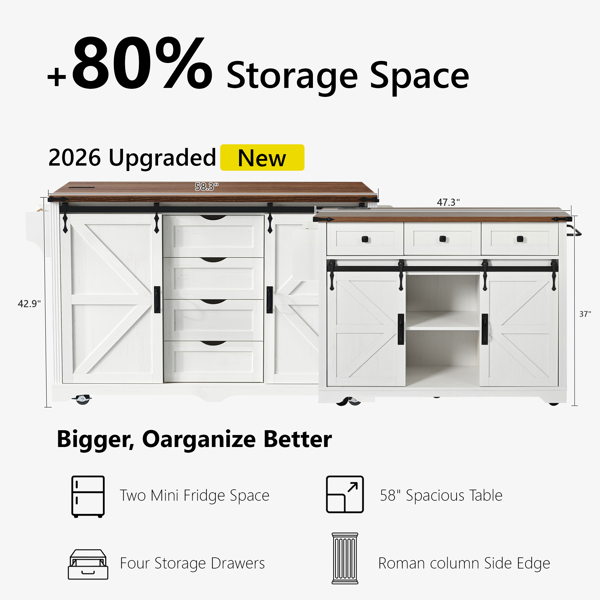 K&K 72" Farmhouse Kitchen Island with Fridge Storage Space & Power Outlet, Rolling Coffee Bar Cabinet on Wheels with 4 Drawers, Sliding Barn Door, Glass Holder, Drop Leaf, Island Kitchen Table, White-25