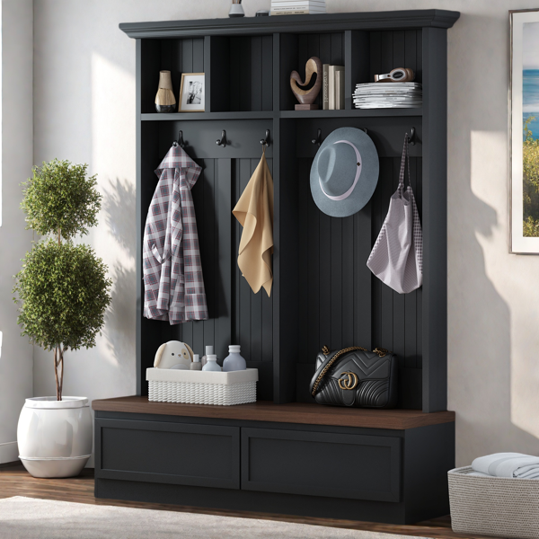 Farmhouse 4-in-1 Hall Tree with Wood Grain Bench, Mudroom Versatile Coat Rack with 2 Large Drawer, Entrance Organizer for Hallway, Living Room, Black, 55.9"W (OLD SKU: N721P313099B)-1