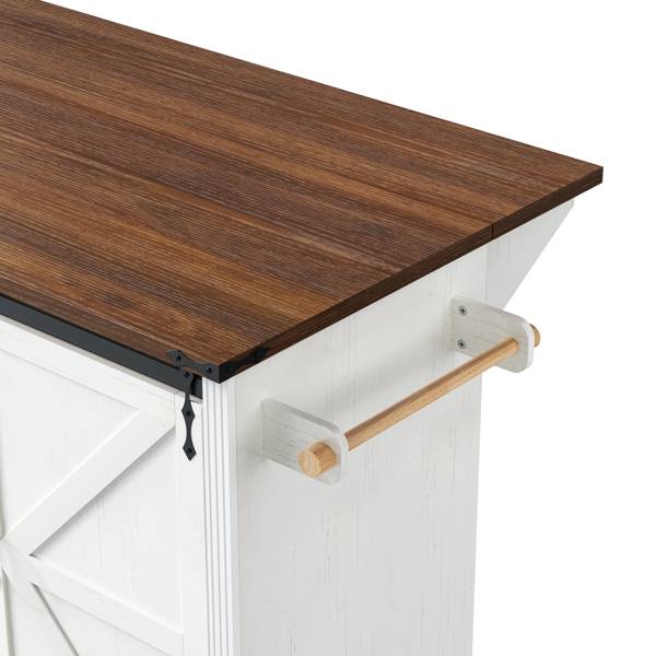 K&K 72" Farmhouse Kitchen Island with Fridge Storage Space & Power Outlet, Rolling Coffee Bar Cabinet on Wheels with 4 Drawers, Sliding Barn Door, Glass Holder, Drop Leaf, Island Kitchen Table, White-15
