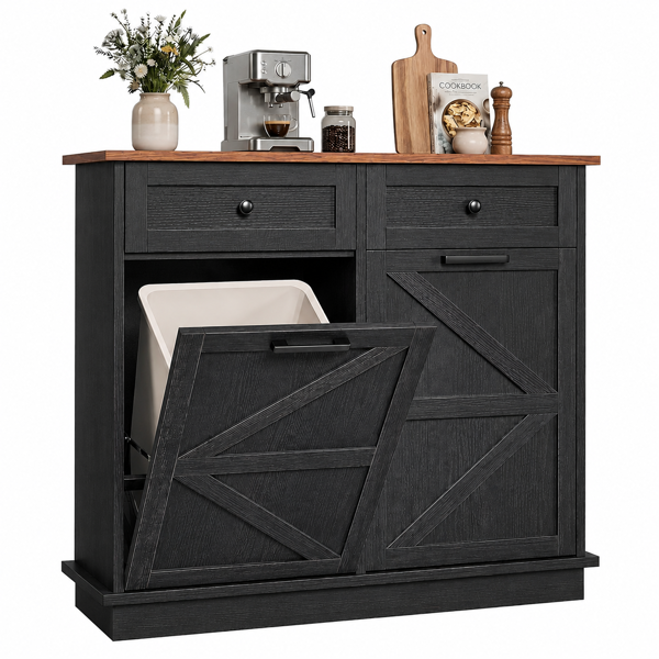Tilt Out Trash Can Cabinet for Kitchen, Double 10-Gallon Hidden Trash Cabinet with Drawer, Farmhouse Wooden Garbage Cabinet, Dog Proof Trash Can Storage for Kitchen Laundry Living Room Office-1