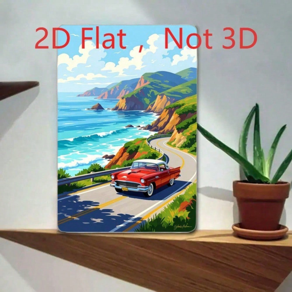 CIFbuy 复古红色经典老爷车2D印刷铁皮装饰画，海岸公路海景，20x30厘米（TikTok, temu 自提物流）-4