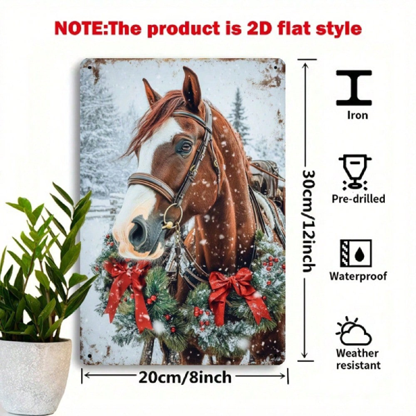 CIFbuy 圣诞马金属壁饰，复古铁质挂牌 温馨冬日 8x12英寸（TikTok, temu 自提物流）-3