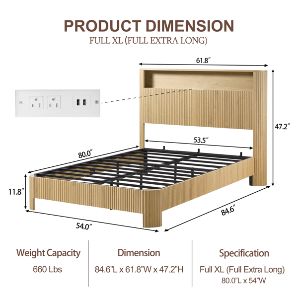 Full Extra Long(Full XL) Size bed frame with storage headboard, built-in charging station, wavy curved lines design, silent operation, metal support, Natural-5