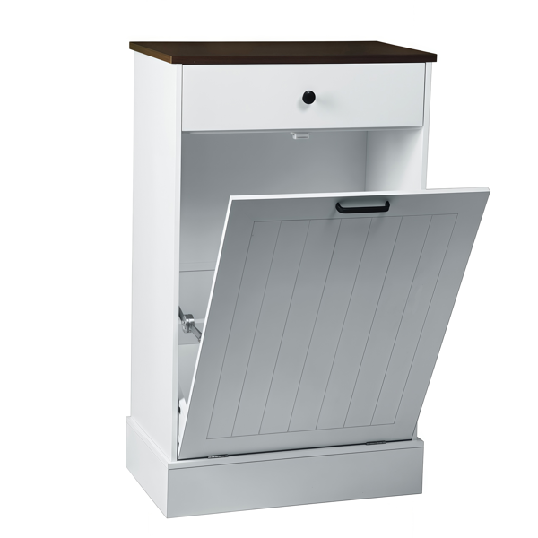 Tilt Out Trash Can Cabinet, Hidden Wooden Trash Can Cabinet with Drawer, Free Standing Garbage Cabinet for Kitchen, 10 Gallon Farmhouse Laundry Hamper Cabinet for Kitchen, Living Room (White)-5