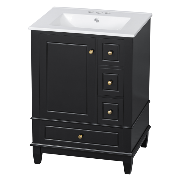 24" Bathroom Vanity with Sink and Drawers, Black Freestanding Vanity Cabinet with Ceramic Top and Storage Shelves, MDF and Solid Wood Base, Modern Sink Cabinet for Small Bathrooms-16