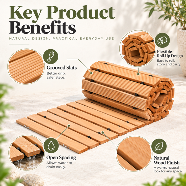 305 x 43 cmRoll-Out Wooden Walkway Mat, 1.5 cm Thick Portable Garden Pathway, Outdoor Wooden Boardwalk Path for Yard, Lawn, Beach, Patio and Camping-9