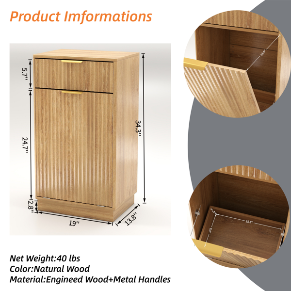 10-Gallon Woodgrain Tilt-Out Trash Can Cabinet with Wave-Textured Drawer & Pull-Out Bin - Multipurpose Kitchen/Bath Organizer in Oak Finish-7