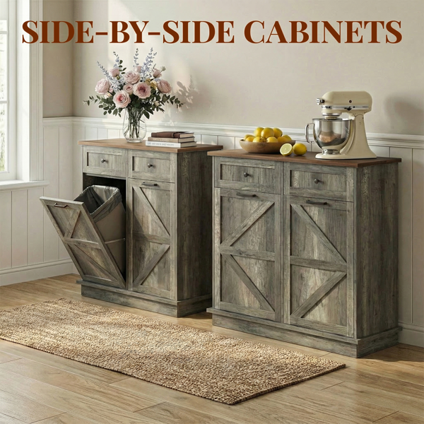 Tilt Out Trash Can Cabinet for Kitchen, Double 10-Gallon Hidden Trash Cabinet with Drawer, Farmhouse Wooden Garbage Cabinet, Dog Proof Trash Can Storage for Kitchen Laundry Living Room Office-8