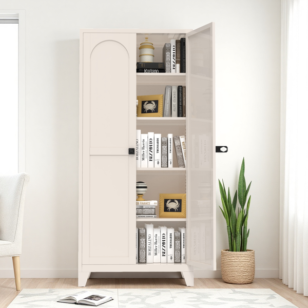 71'' 2 Shapely Door Cabinet With Lock, Metal Storage Cabinet with Doors and Adjustable Shelves, for Kitchen, Bedroom, Living Room(Beige)-1