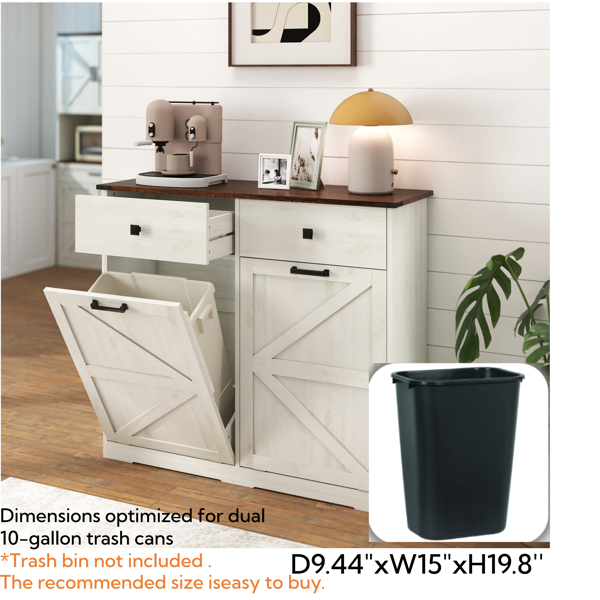 Farmhouse Double Tilt Out Trash Cabinet for 20 Gallon Trash Cans, Free Standing Recycling Cabinet with Hideaway Drawer, Barn Door Style Laundry Sorter Cabinet, Tilt Out Trash Cabinet for Kitchen-27