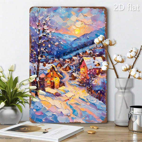 CIFbuy 1件2D平面金属壁饰 冬日村庄雪景，温馨小木屋装饰牌 8x12英寸（TikTok, temu 自提物流）-5