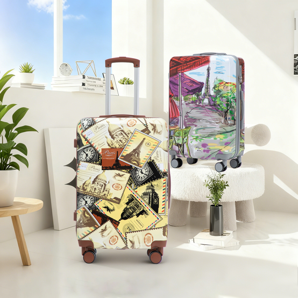 20"/24"/28" 3 pcs/set in PC Spinner Wheel Luggage, Carry on Suitcase, With Printed pattern and Combination Lock (Coffee+Iron Tower)-3