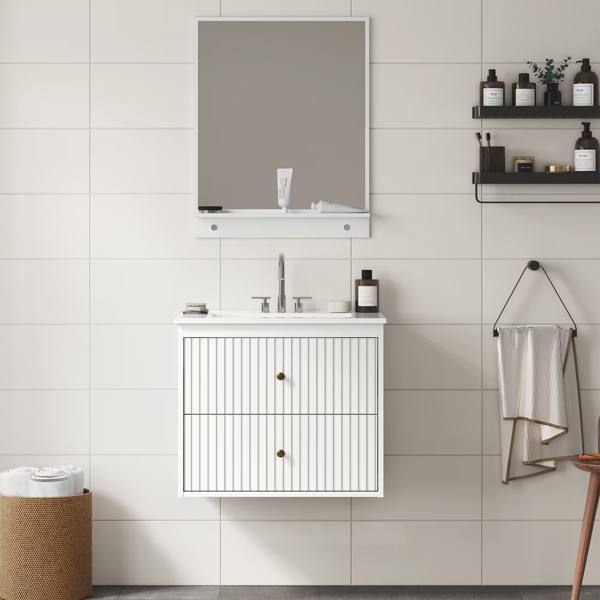 24'' Bathroom Vanity with Sink Set, Floating Bathroom Storage Cabinet with Doors and Drawers, Modern Vanity Sink Cabinet Wall Mount with Painted Surface, White-2
