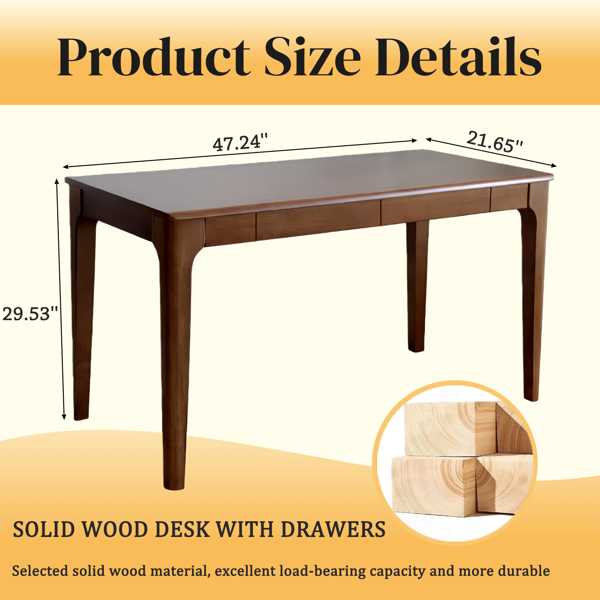 Solid Wood Desk with Drawers, Standing Desk with Smooth Edges, Home Office Desk for Small Spaces, Mid Century Modern Desk for Study, Bedroom, Living Room, Office, (Walnut, 47.24''*21.65''*29.53'')-6