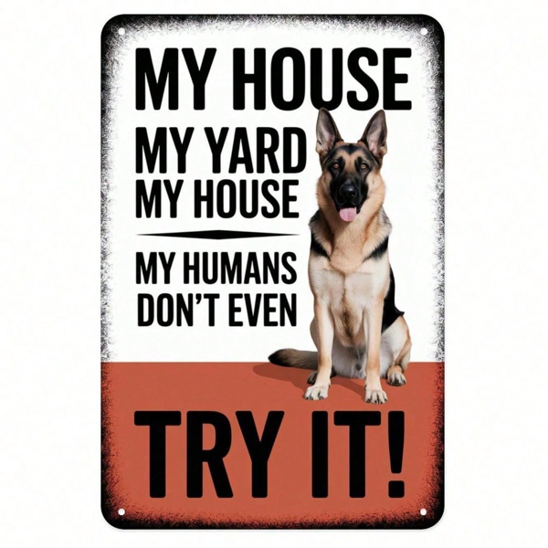 CIFbuy 有趣的德国牧羊犬警示金属牌 8x12，我家我的院子 守护犬艺术（TikTok, temu 自提物流）-1
