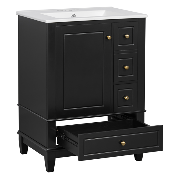 24" Bathroom Vanity with Sink and Drawers, Black Freestanding Vanity Cabinet with Ceramic Top and Storage Shelves, MDF and Solid Wood Base, Modern Sink Cabinet for Small Bathrooms-22