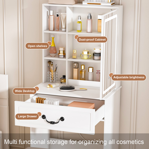 Modern Mini Dressing Table with LED-lit Mirror & Hidden Storage,Includes Padded Stool,Adjustable Brightness Vanity Desk,Multi-tier Dust-proof Shelves,White-3