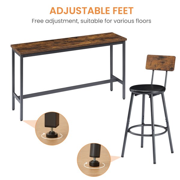 Long Bar Table Set with 3 PU Upholstered Bar Stools, Industrial Bar Table and Chairs for Kitchen Breakfast Table, Living Room, Banquet Hall, Rustic Brown and Black, 63″L x15.7"W x 37.5"H-10