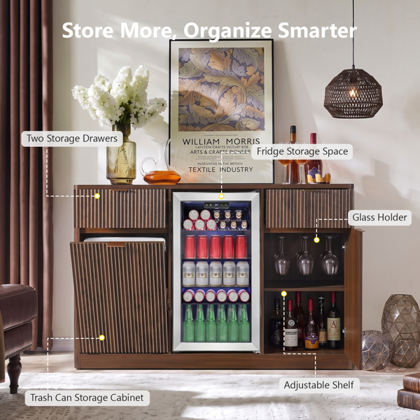 K&K 59" Coffee Bar Cabinet with Fridge Space & Tilt-Out Trash Cabinet, Mini Fridge Wine Cabinet with Storage/Charging Station, Fluted Buffet Sideboard with Glass Holder for Dining Room, Walnut Brown-30