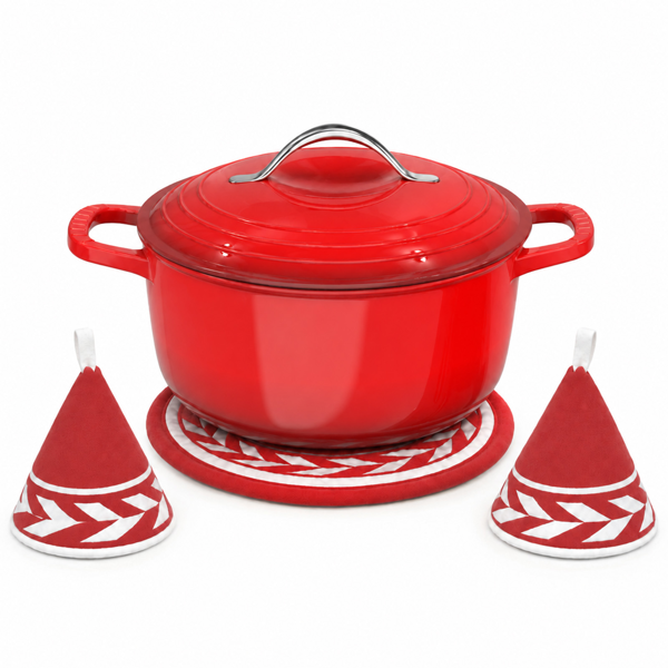 不锈钢手柄 7.5QT 7.1L 圆形 珐琅锅 红色渐变 含手套 隔热垫-6