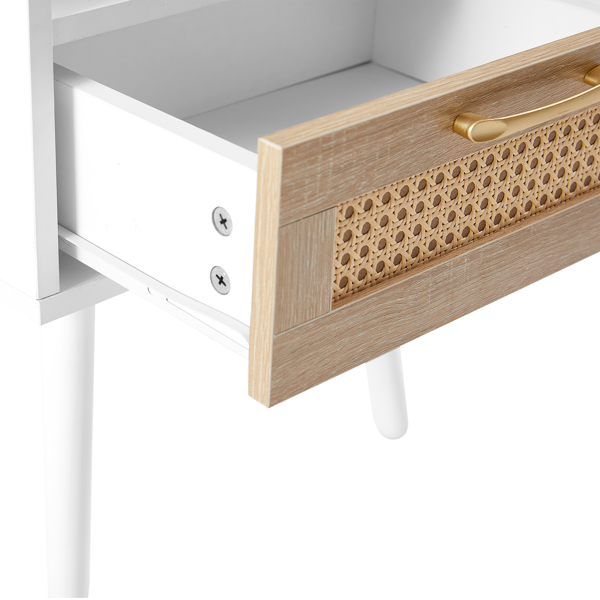 15.75" Rattan End table with  drawer and solid wood legs, Modern nightstand, side table for living room, bedroom, white-14
