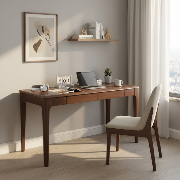 Solid Wood Desk with Drawers, Standing Desk with Smooth Edges, Home Office Desk for Small Spaces, Mid Century Modern Desk for Study, Bedroom, Living Room, Office, (Walnut, 47.24''*21.65''*29.53'')-3