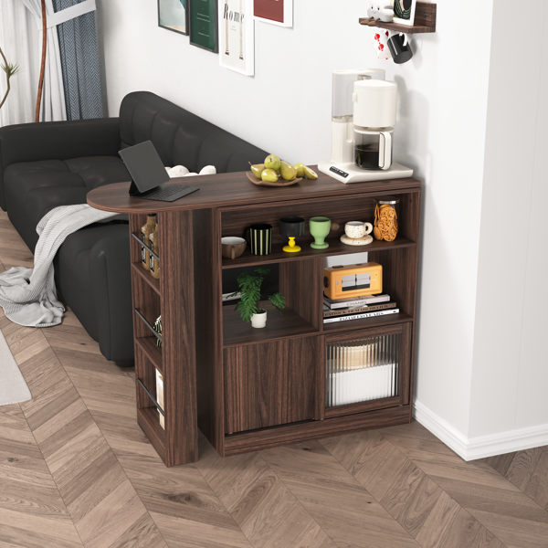 Modern Bar Cabinet with Rotating top, Counter Height Dining Cabinet with 6 Storage space and 2 Ribbed Glass Door for Kitchen, The Rotating Top with 3 Storage Shelves Dining Room, Living Room, Walnut-8