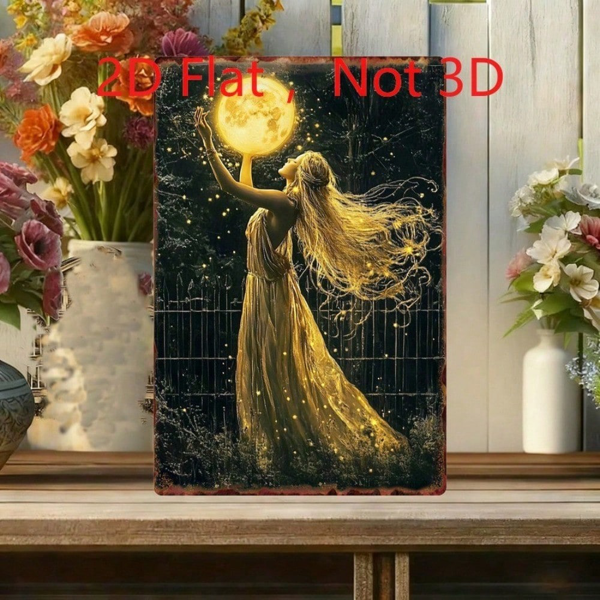 CIFbuy 复古女神手持满月繁星夜锡制装饰牌，天体艺术风格 8x12 英寸（TikTok, temu 自提物流）-5
