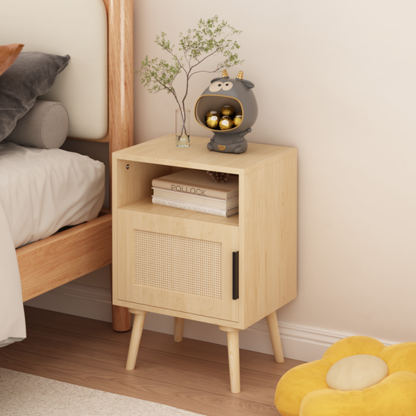 22.83'' H Rattan Nightstand, Side Table with Door Open Shelf,  Accent Bedside End Table with Solid Wood Legs for Bedroom, Dorm and Small Spaces, Oak-8
