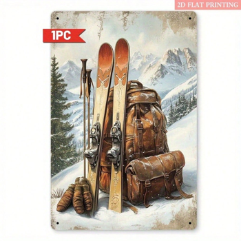 CIFbuy 2D平面金属装饰牌 滑雪装备，乡村风滑雪小屋壁饰（TikTok, temu 自提物流）