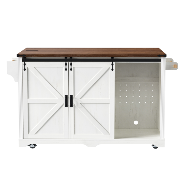 K&K 72" Farmhouse Kitchen Island with Fridge Storage Space & Power Outlet, Rolling Coffee Bar Cabinet on Wheels with 4 Drawers, Sliding Barn Door, Glass Holder, Drop Leaf, Island Kitchen Table, White-16