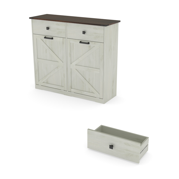 Farmhouse Double Tilt Out Trash Cabinet for 20 Gallon Trash Cans, Free Standing Recycling Cabinet with Hideaway Drawer, Barn Door Style Laundry Sorter Cabinet, Tilt Out Trash Cabinet for Kitchen-20