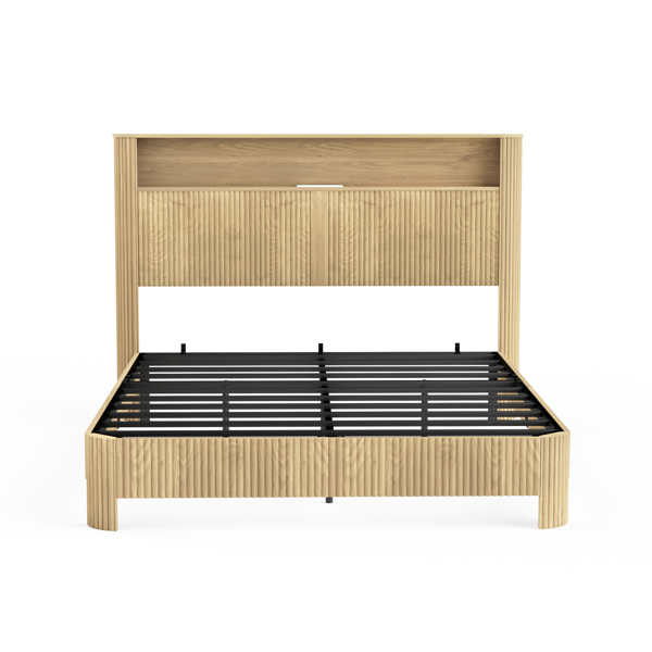 Queen Size bed frame with storage headboard, built-in charging station, wavy curved lines design, silent operation, metal support, Natural-6