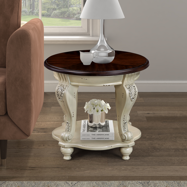 22'' Two Tone Round End Table,Solid Wood Sofa Side Table with Shelf,Living Room Corner Table Easy Assemble,Beige and Espresso Top-4