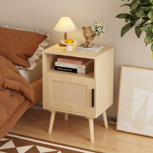 22.83'' H Rattan Nightstand, Side Table with Door Open Shelf,  Accent Bedside End Table with Solid Wood Legs for Bedroom, Dorm and Small Spaces, Oak-6