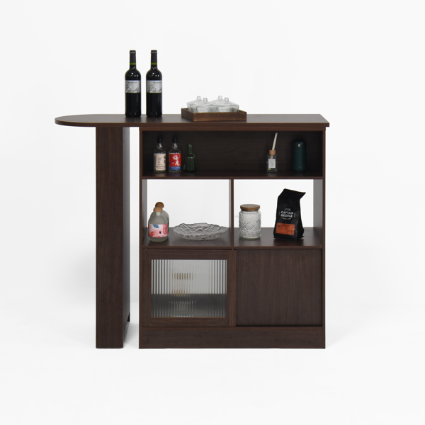 Modern Bar Cabinet with Rotating top, Counter Height Dining Cabinet with 6 Storage space and 2 Ribbed Glass Door for Kitchen, The Rotating Top with 3 Storage Shelves Dining Room, Living Room, Walnut-20