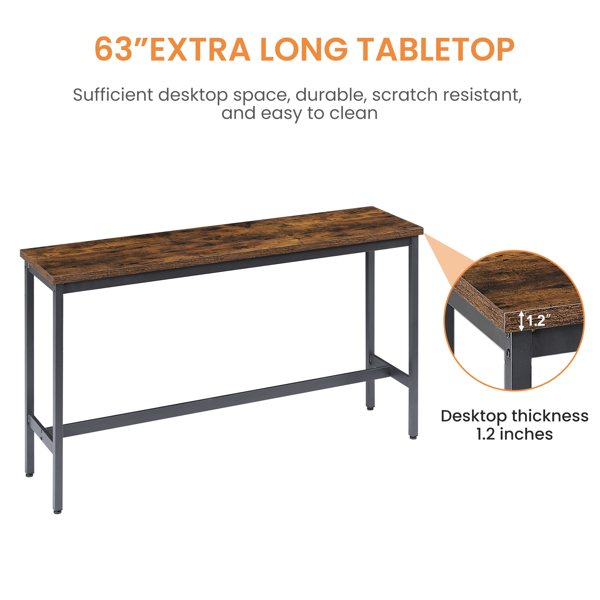 Long Bar Table Set with 3 PU Upholstered Bar Stools, Industrial Bar Table and Chairs for Kitchen Breakfast Table, Living Room, Banquet Hall, Rustic Brown and Black, 63″L x15.7"W x 37.5"H-9